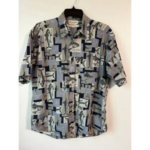Vintage large Y2K Columbia button-down shirt. Ocean fish theme.